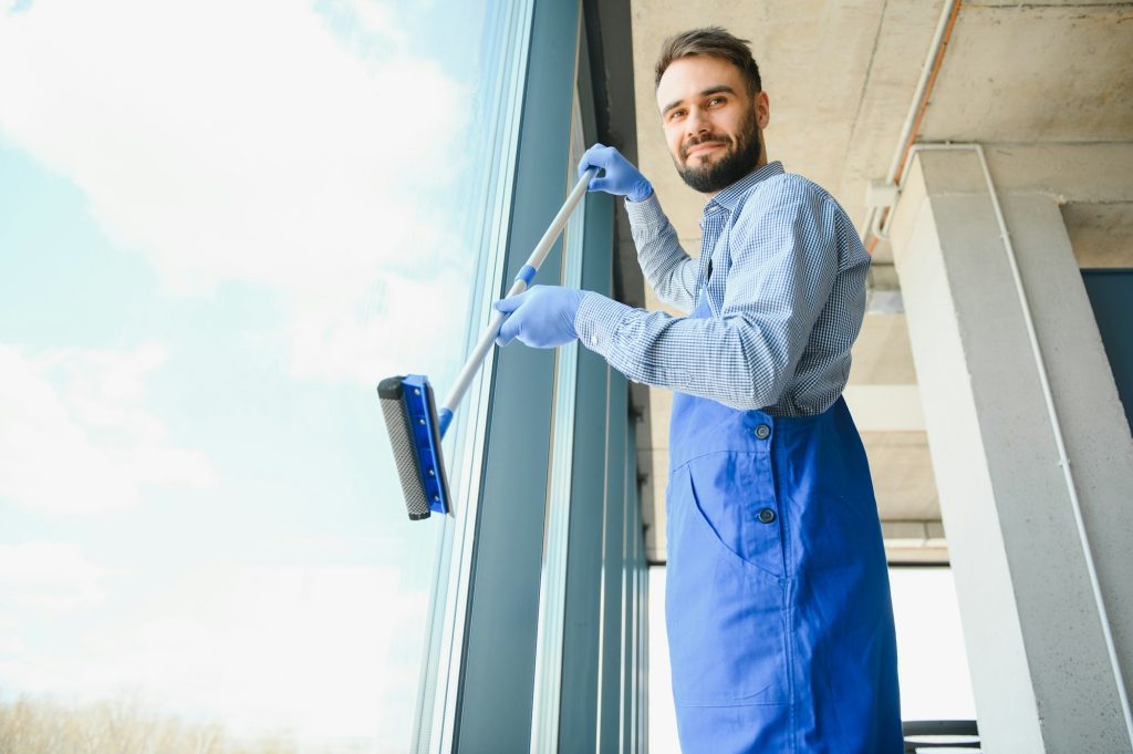 Male janitor cleaning window in office